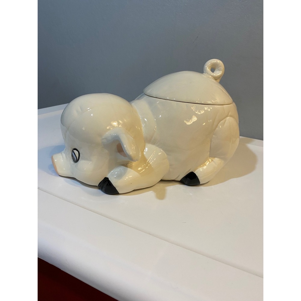 Vintage Ceramic Pig Cookie Jar Reclining Farmhouse Kitchen Canister - Picture 2 of 11